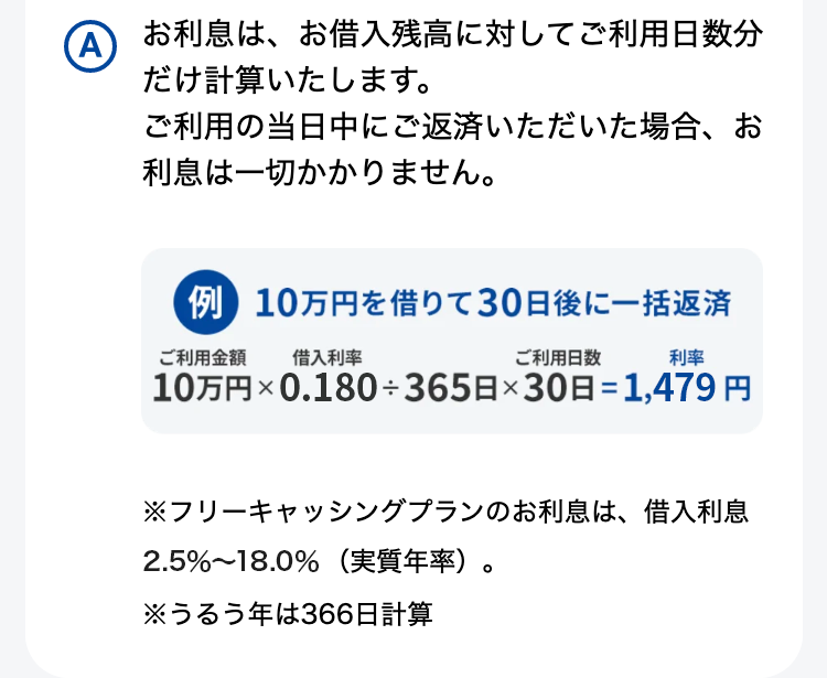 A お利息は、お借入残高に対してご利用日数分
だけ計算いたします。
ご利用の当日中にご返済いただいた場合、お
利息は一切かかりません。
例 10万円を借りて30日後に一括返済
ご利用金額
借入利率
ご利用日数
利率
10万円×0.180 365日×30日=1,479円
※フリーキャッシングプランのお利息は、 借入利息
2.5%~18.0%(実質年率)。
※うるう年は366日計算